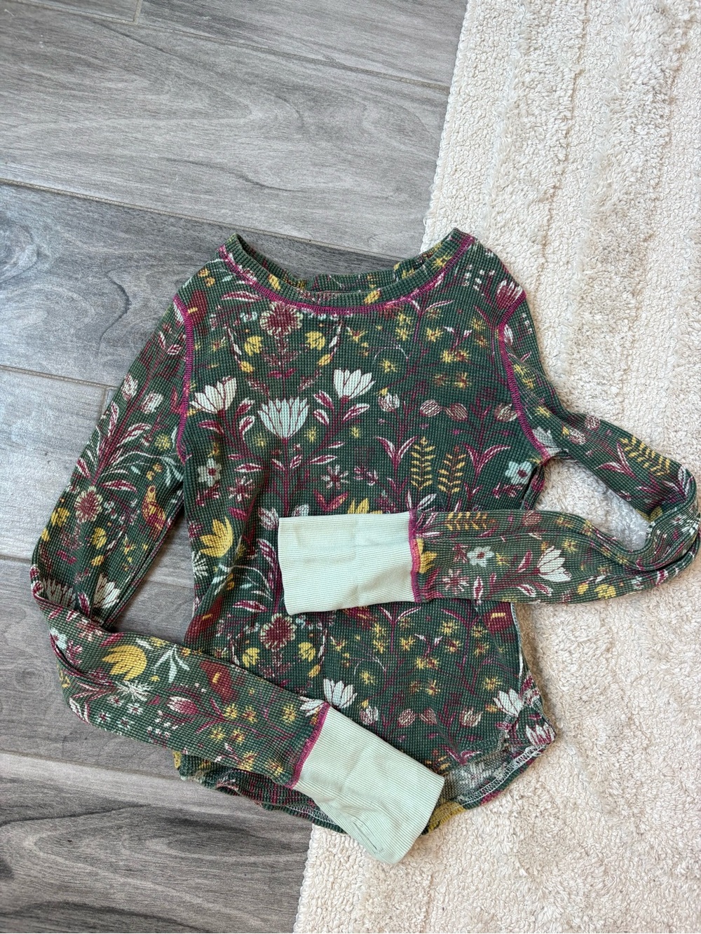 We The Free Olive Green Floral Waffle Knit Top with Pink Trim